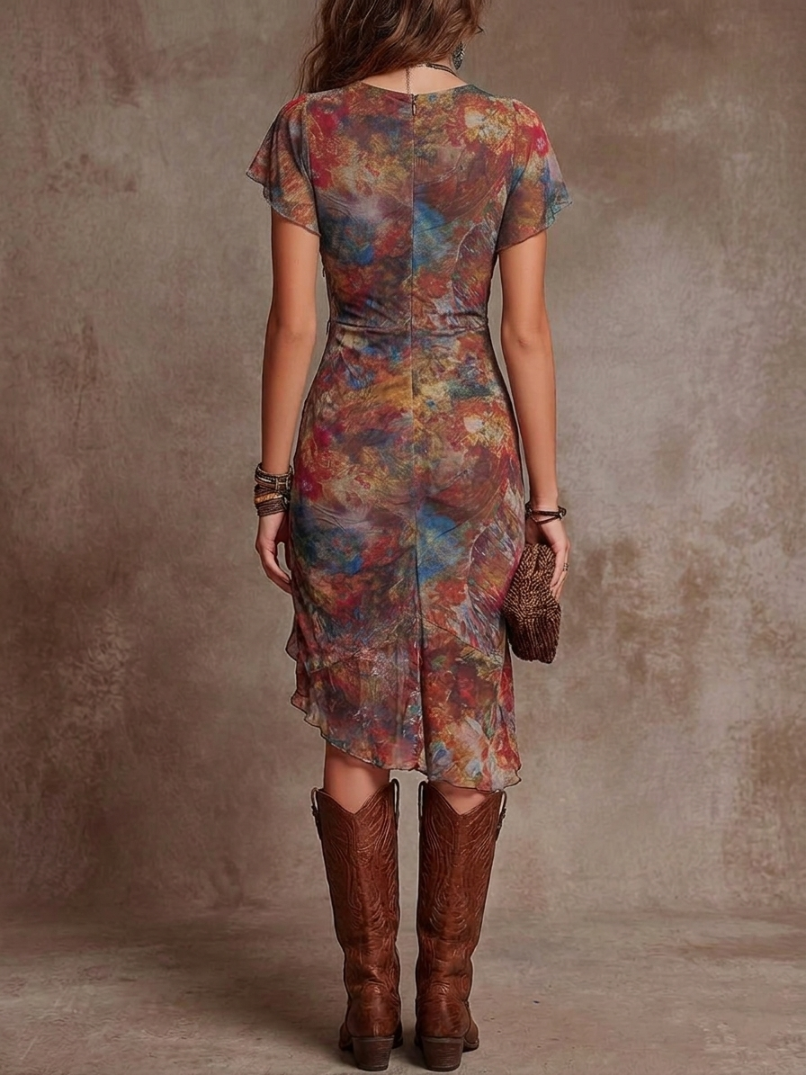 Boho Abstract Print Pleated Midi Dress with V-Neck