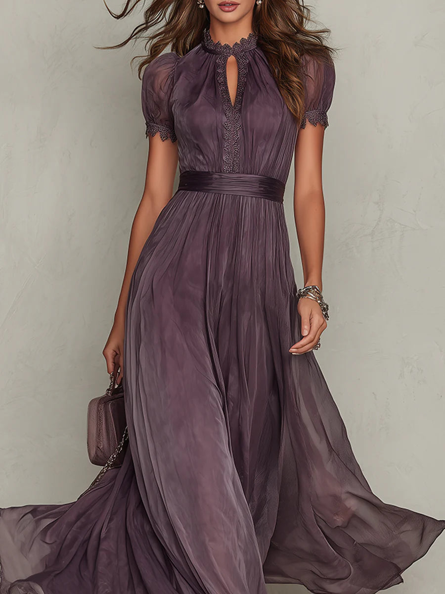 Purple Chiffon Maxi Dress with Keyhole Neckline