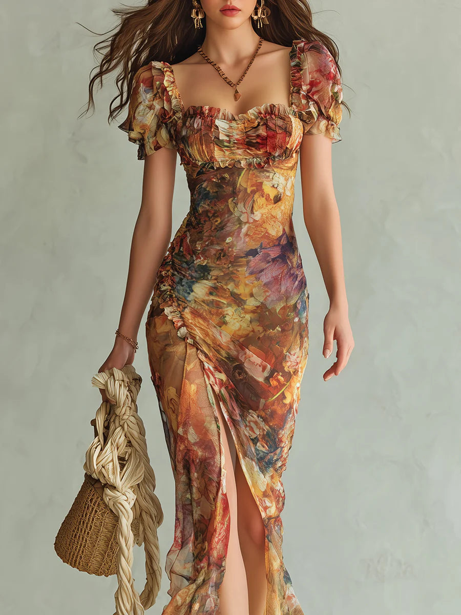 Orange Oil-Painting Print Chiffon Maxi Dress
