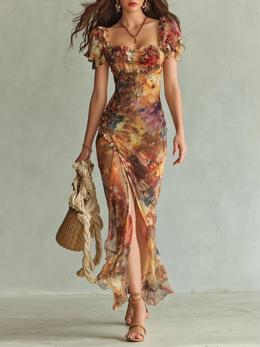 Orange Oil-Painting Print Chiffon Maxi Dress