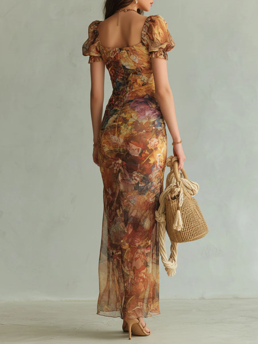 Orange Oil-Painting Print Chiffon Maxi Dress