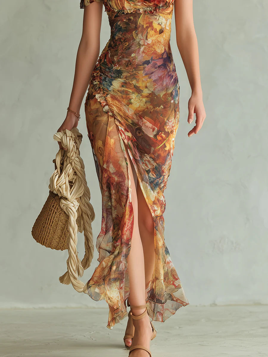 Orange Oil-Painting Print Chiffon Maxi Dress