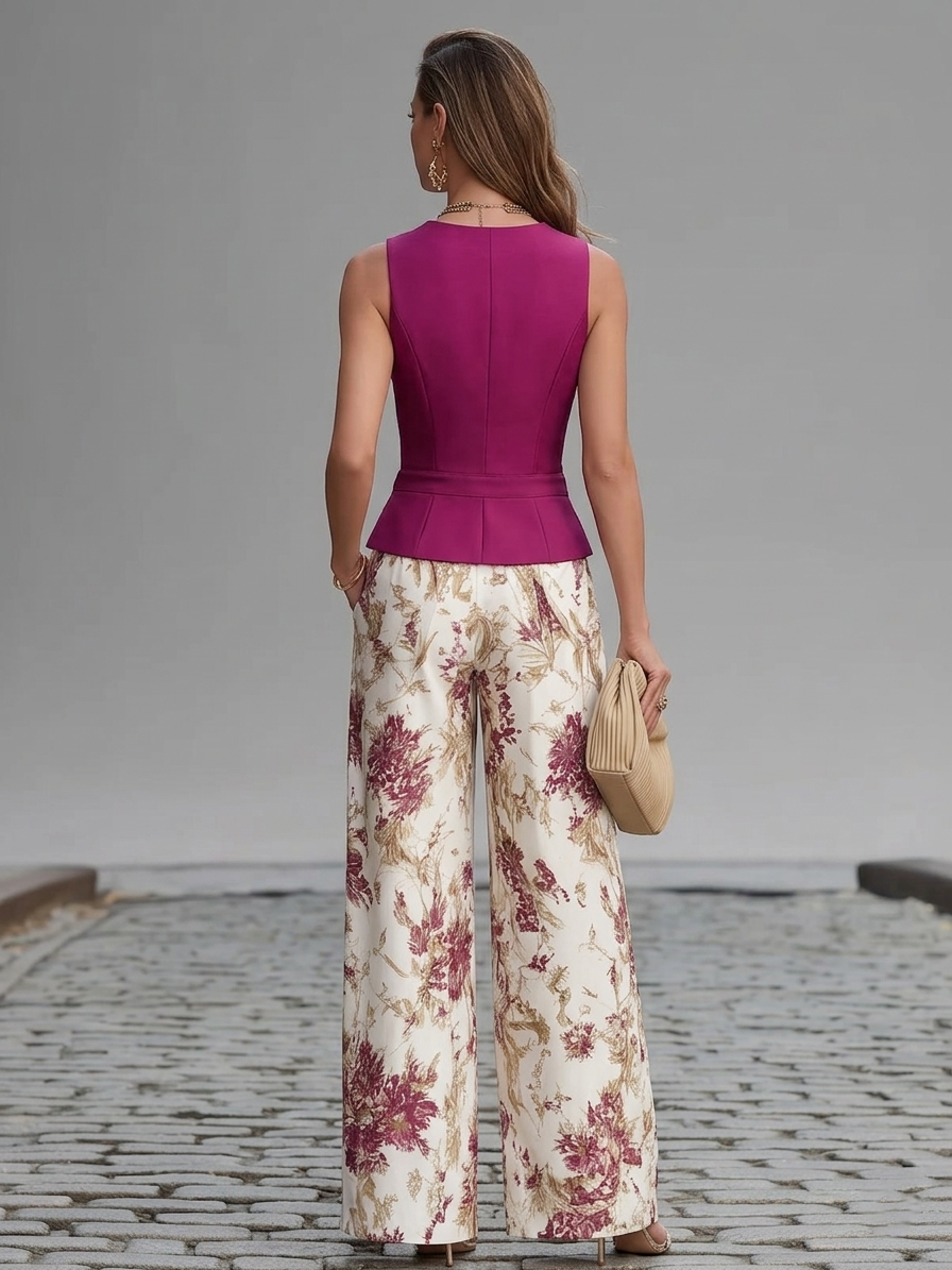 Pink Vest and Floral Wide-Leg Trousers Set