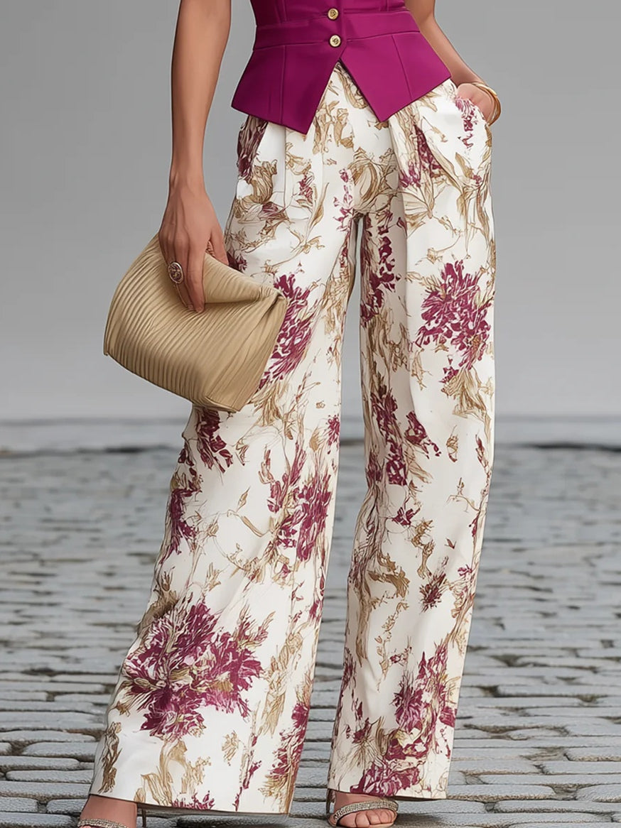 Pink Vest and Floral Wide-Leg Trousers Set