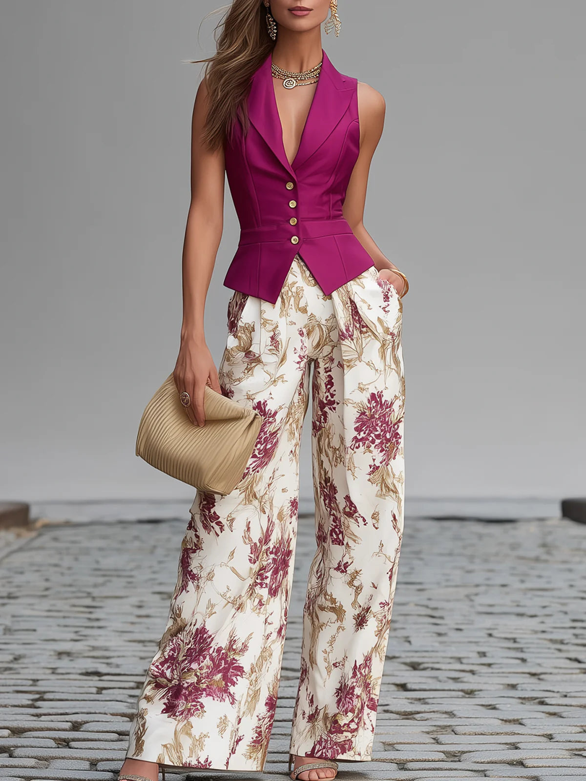 Pink Vest and Floral Wide-Leg Trousers Set