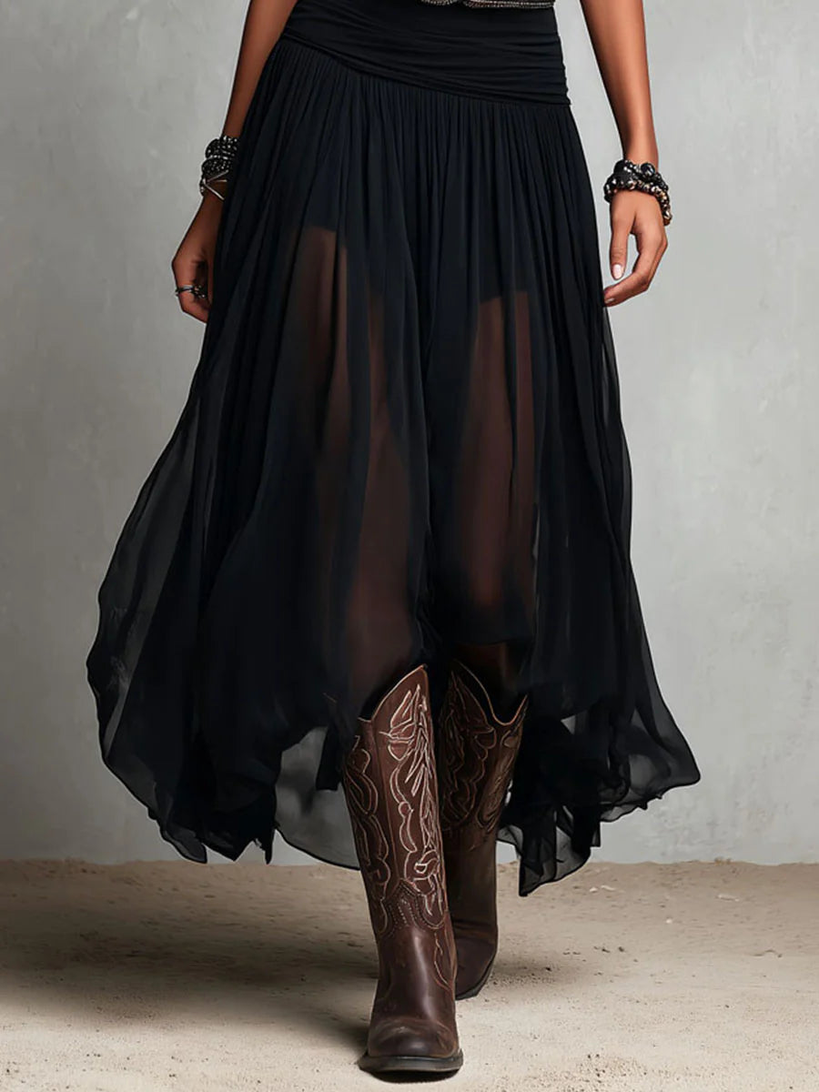Black Top and Sheer Tulle Maxi Skirt Set with Belt