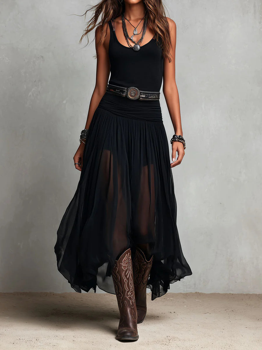 Black Top and Sheer Tulle Maxi Skirt Set with Belt