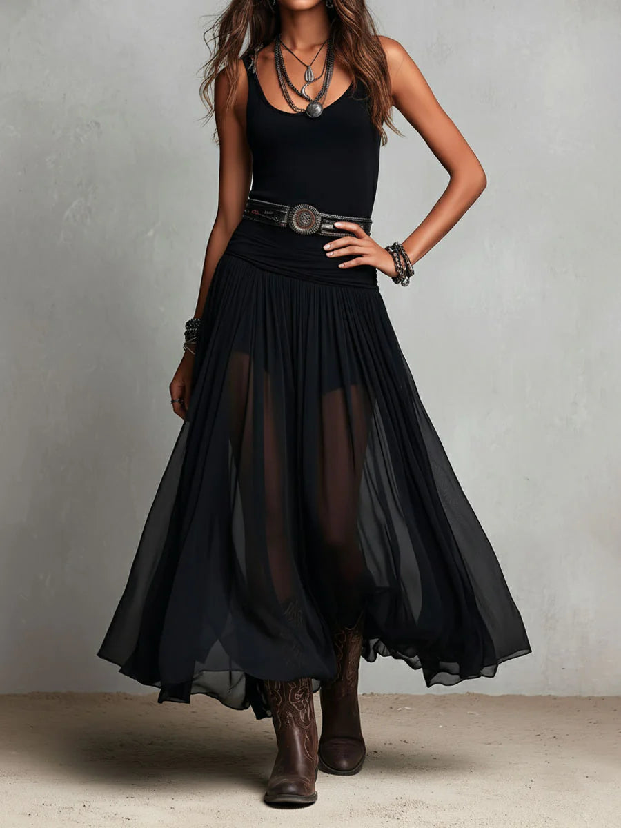 Black Top and Sheer Tulle Maxi Skirt Set with Belt