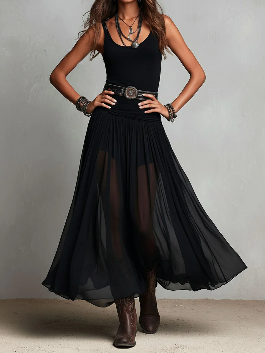 Black Top and Sheer Tulle Maxi Skirt Set with Belt
