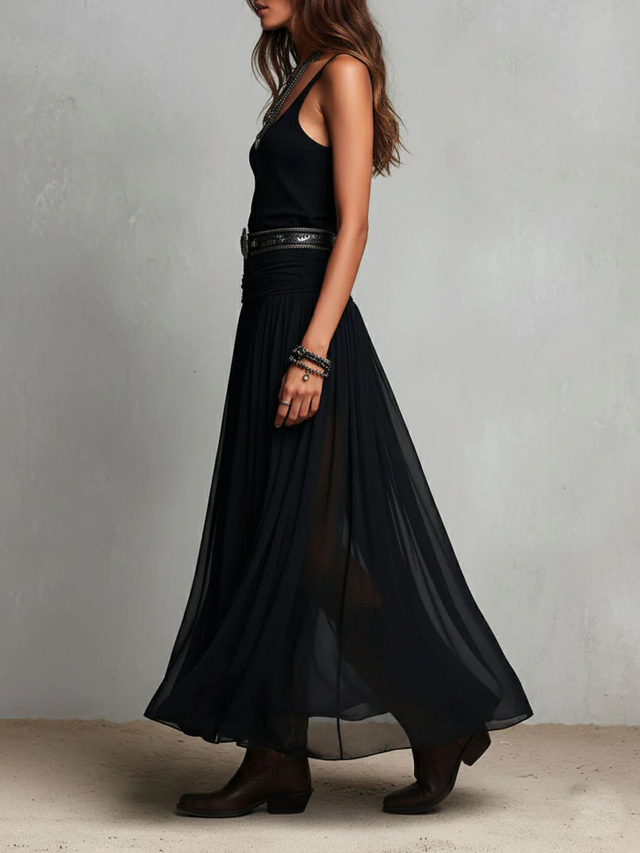 Black Top and Sheer Tulle Maxi Skirt Set with Belt