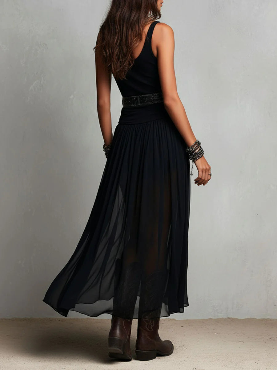 Black Top and Sheer Tulle Maxi Skirt Set with Belt