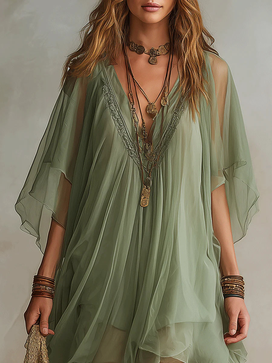 Green Flowy Chiffon Mini Dress with V-Neck