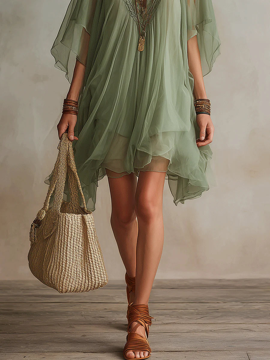 Green Flowy Chiffon Mini Dress with V-Neck