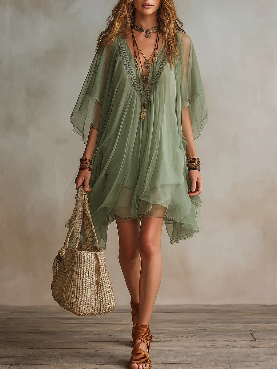 Green Flowy Chiffon Mini Dress with V-Neck