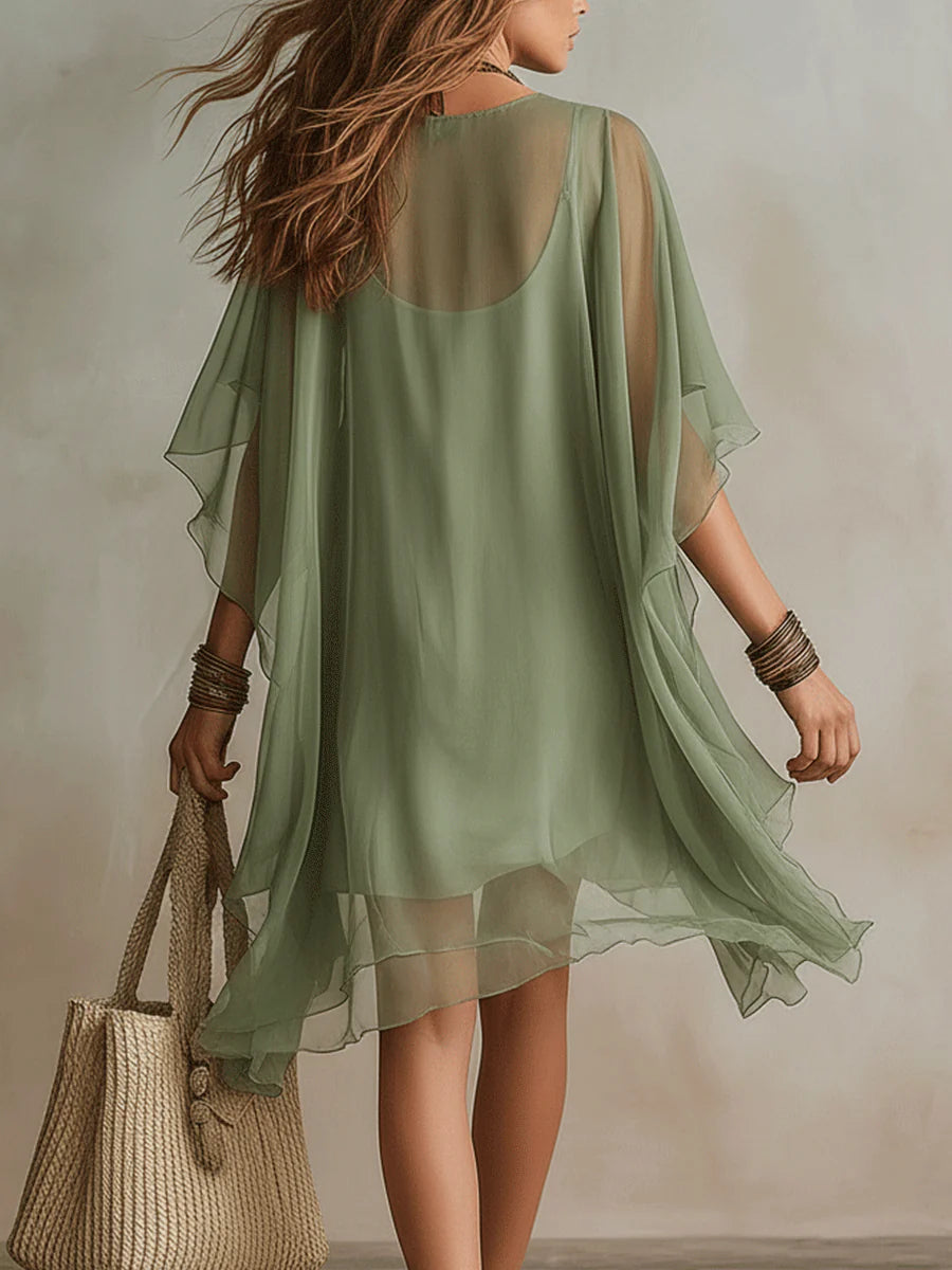Green Flowy Chiffon Mini Dress with V-Neck