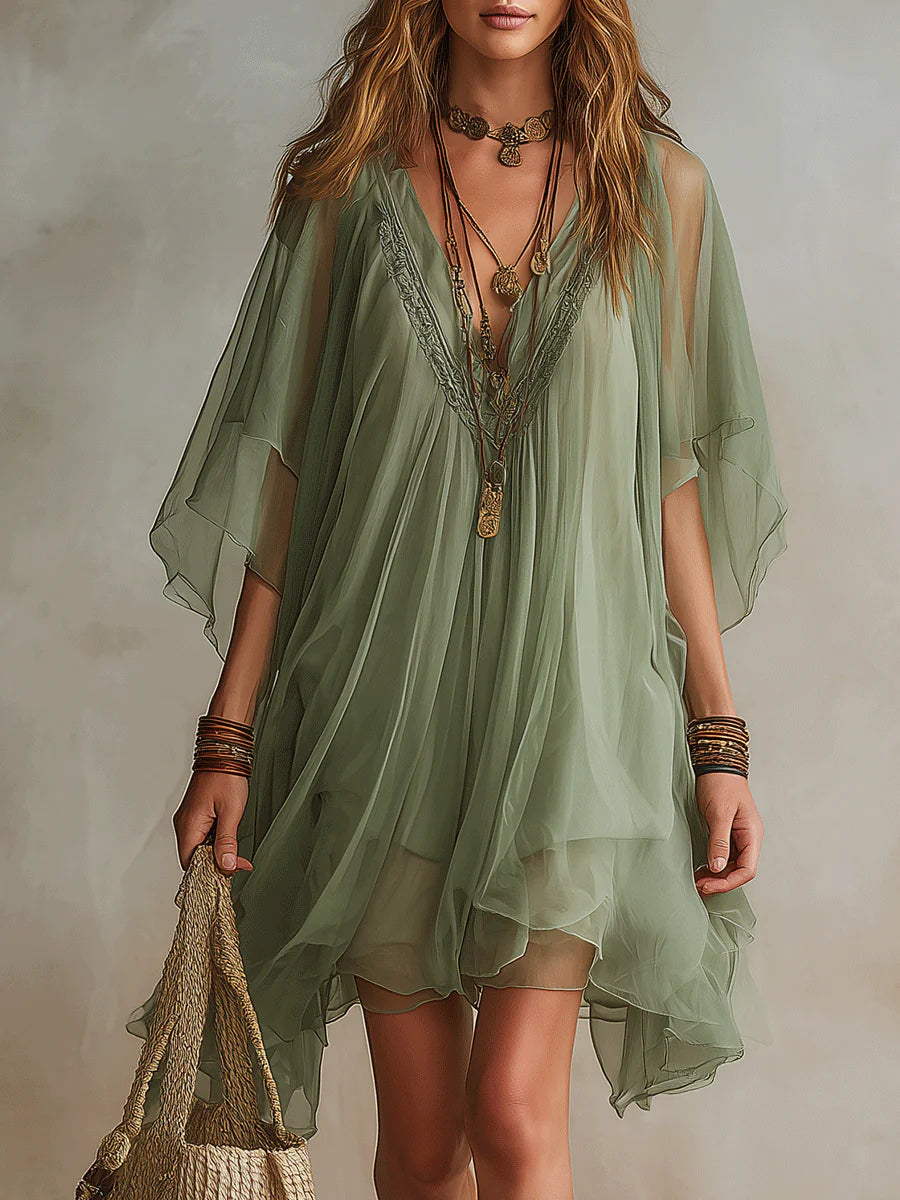 Green Flowy Chiffon Mini Dress with V-Neck