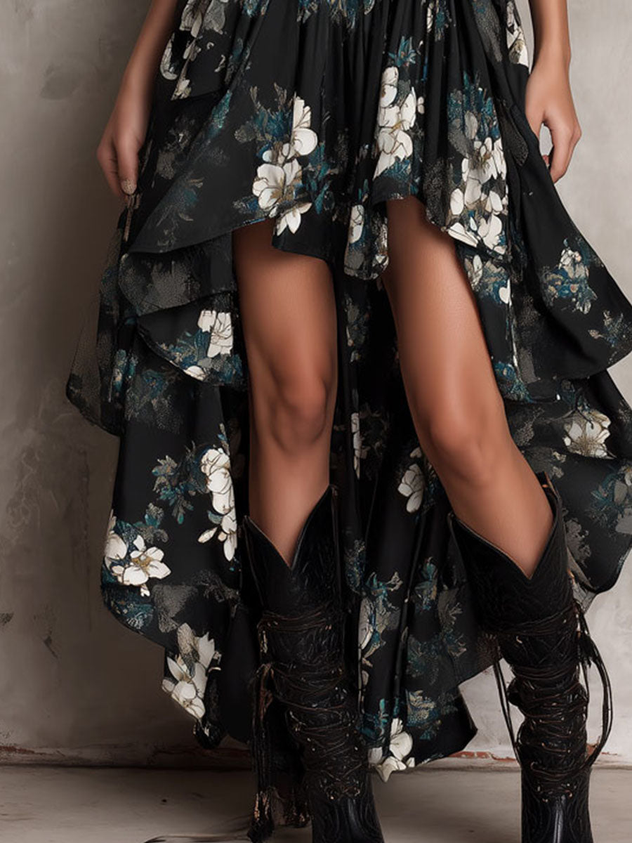 Black Boho Floral Print Maxi Dress with Ruffle V-Neck
