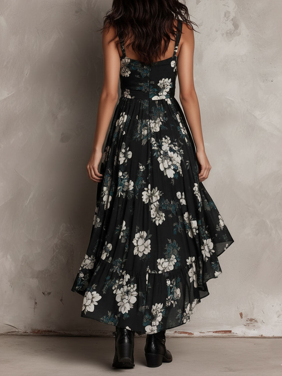 Black Boho Floral Print Maxi Dress with Ruffle V-Neck