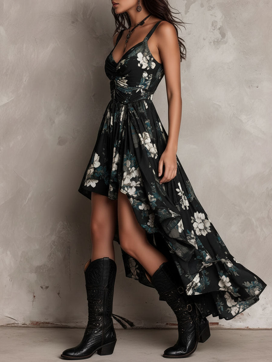 Black Boho Floral Print Maxi Dress with Ruffle V-Neck