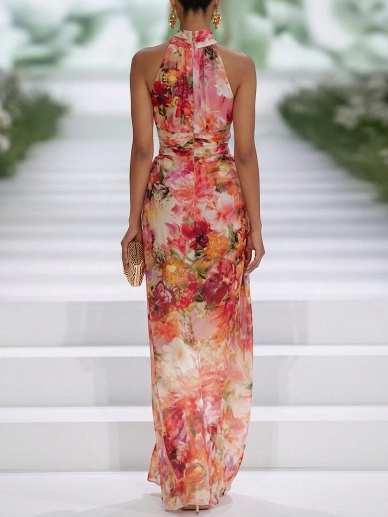 Tropical Floral Print Chiffon Maxi Dress with Halter Neck
