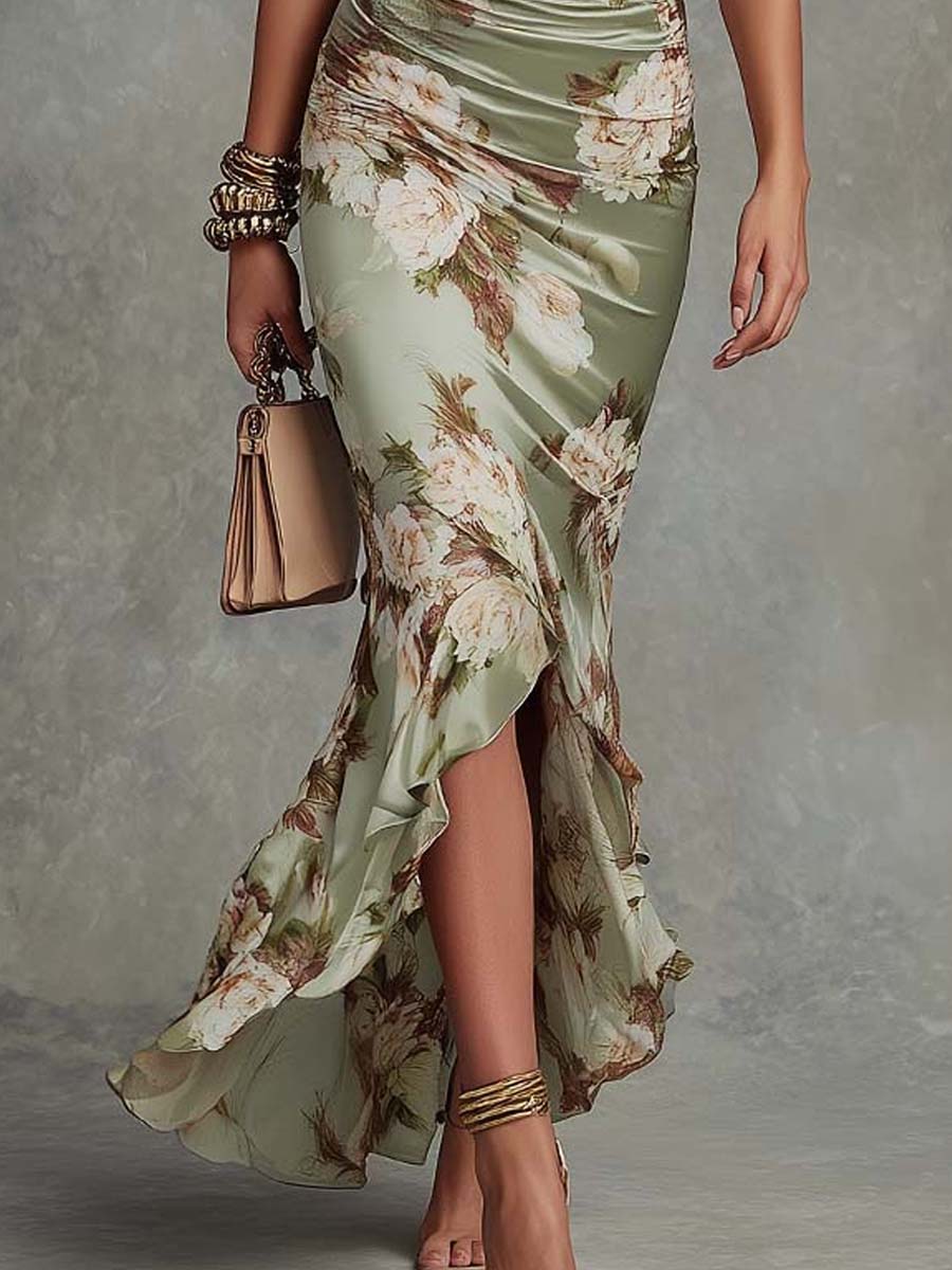 Green Floral Satin Asymmetric Maxi Dress with Ruffle Sleeves