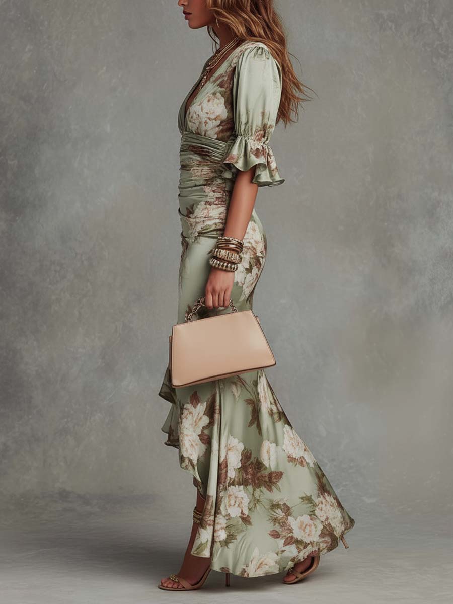 Green Floral Satin Asymmetric Maxi Dress with Ruffle Sleeves
