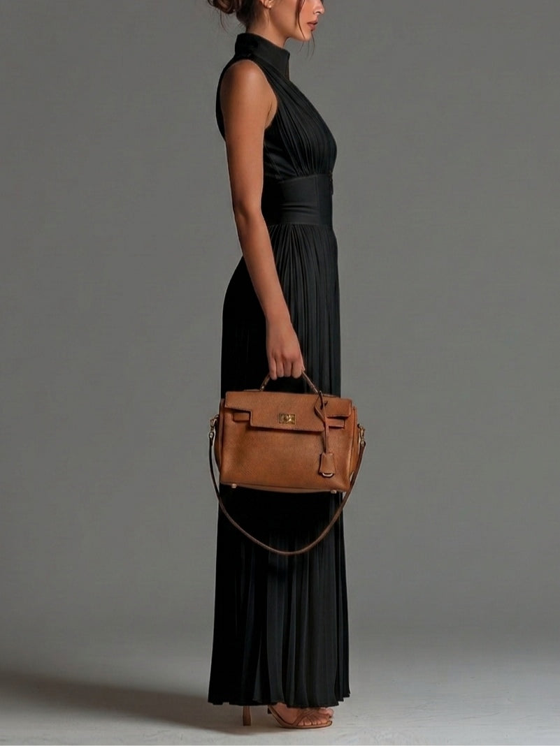 Black Pleated Wide-Leg Jumpsuit with V-Neck, Sleeveless