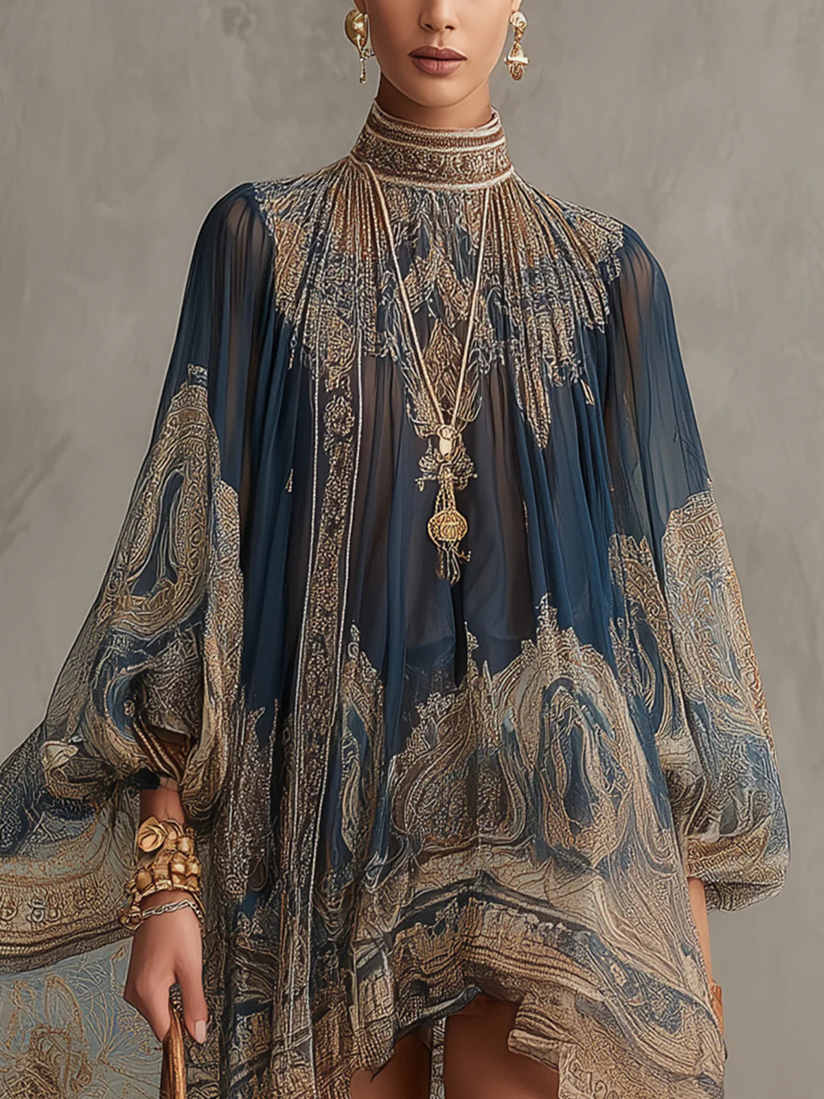 Navy Baroque Print Chiffon Mini Dress with High Neck