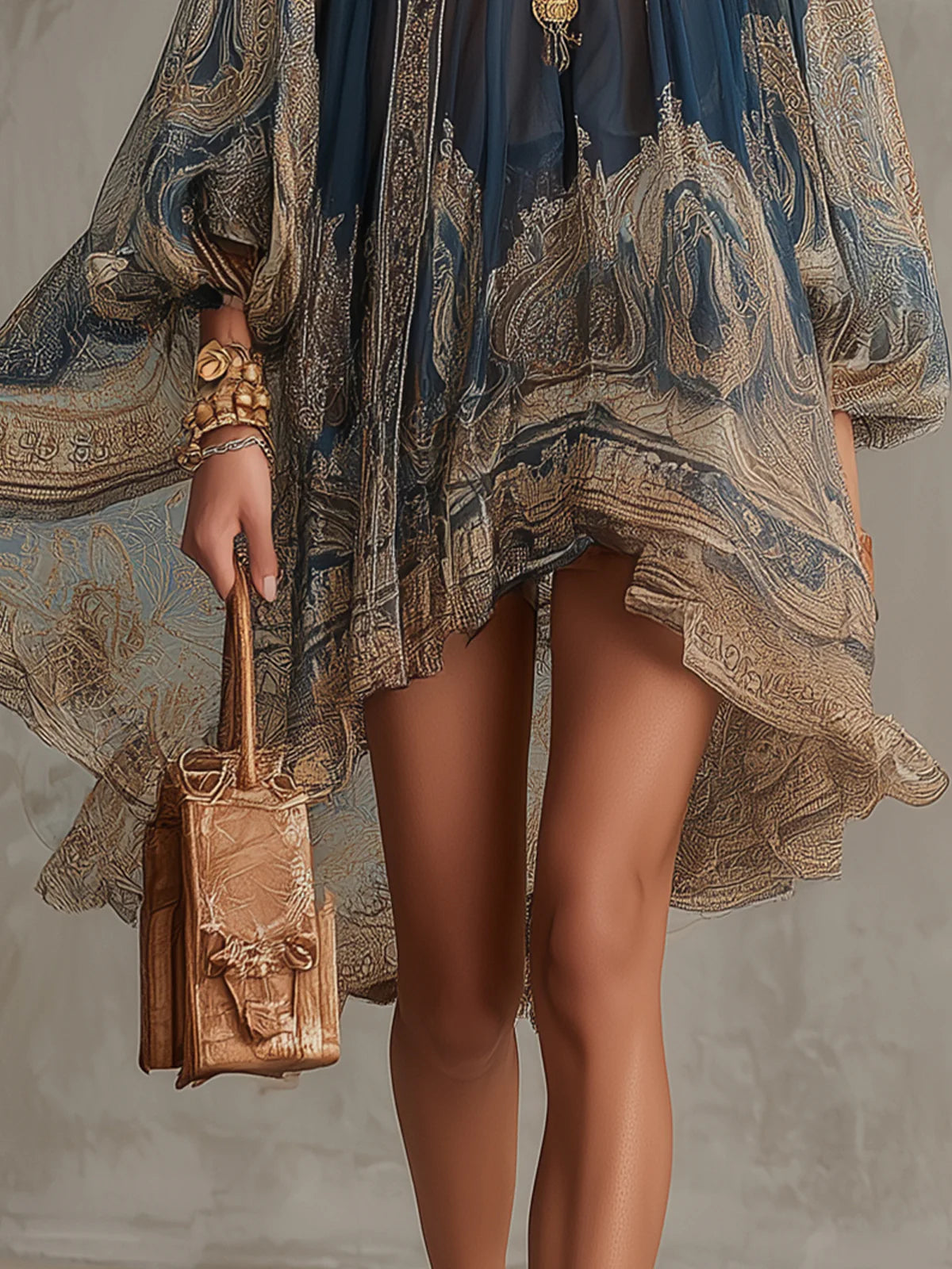 Navy Baroque Print Chiffon Mini Dress with High Neck