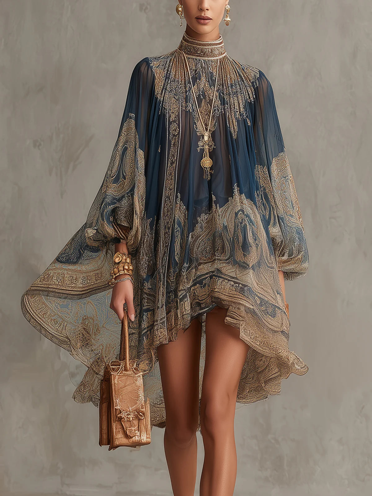Navy Baroque Print Chiffon Mini Dress with High Neck