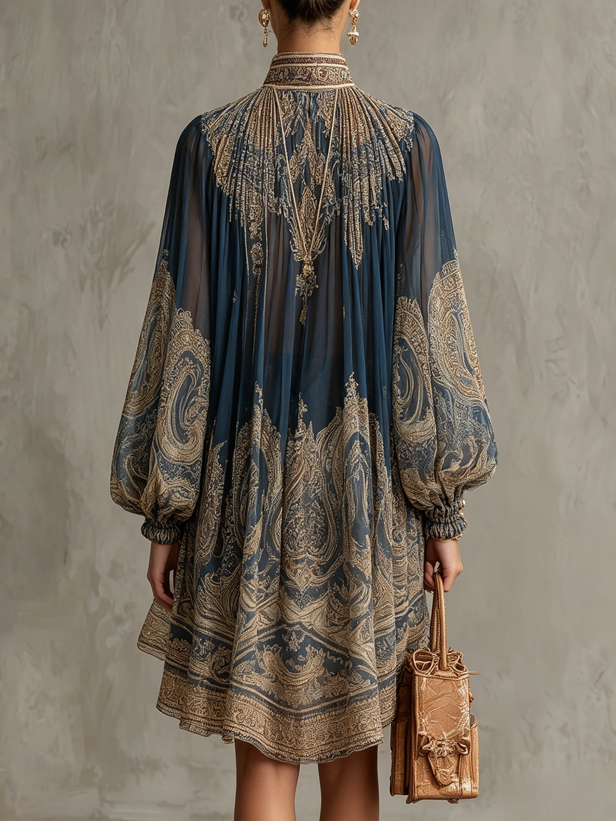 Navy Baroque Print Chiffon Mini Dress with High Neck