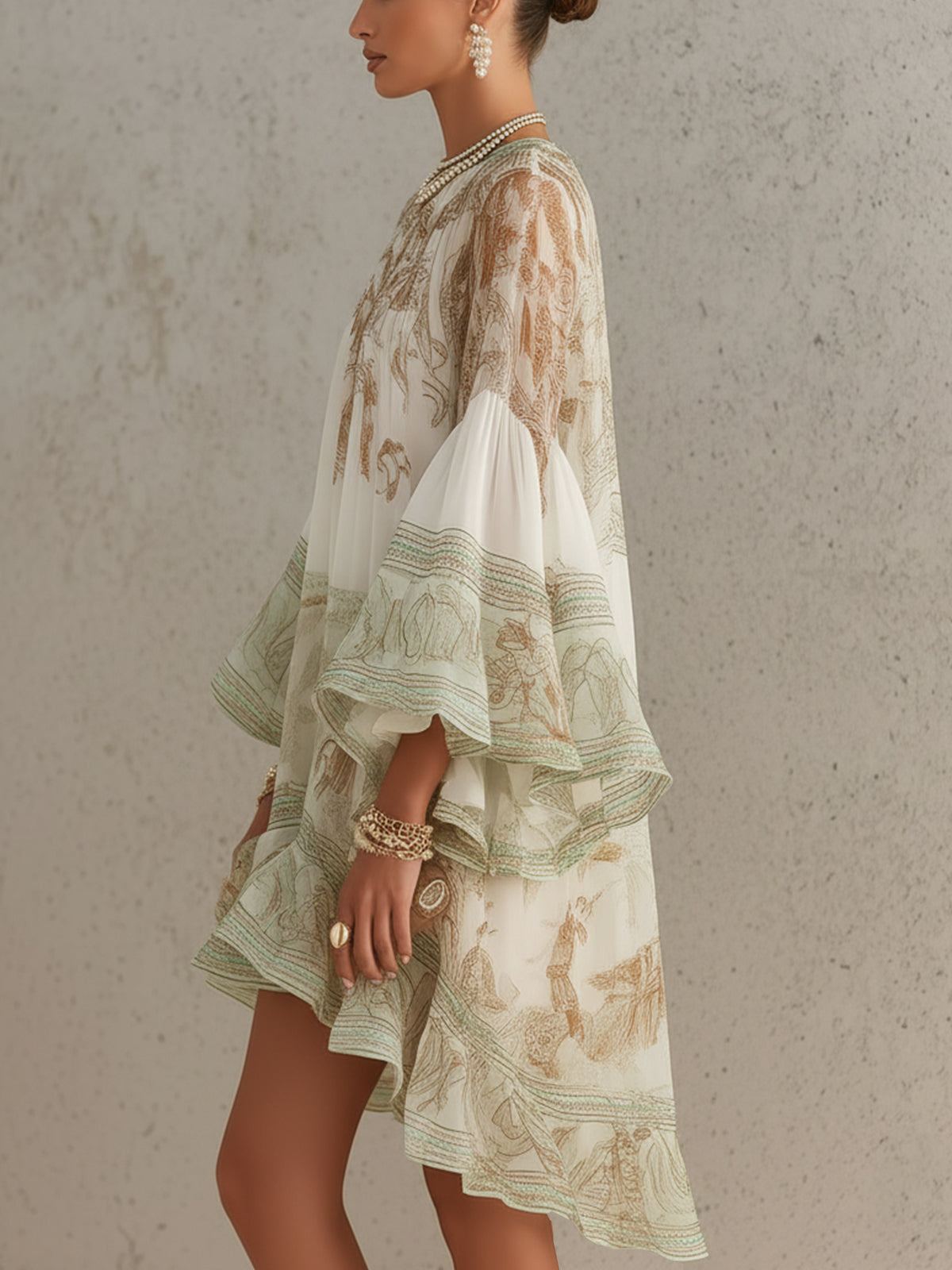Ivory Chiffon Mini Dress with Sage Baroque Print and Ruffle Sleeves