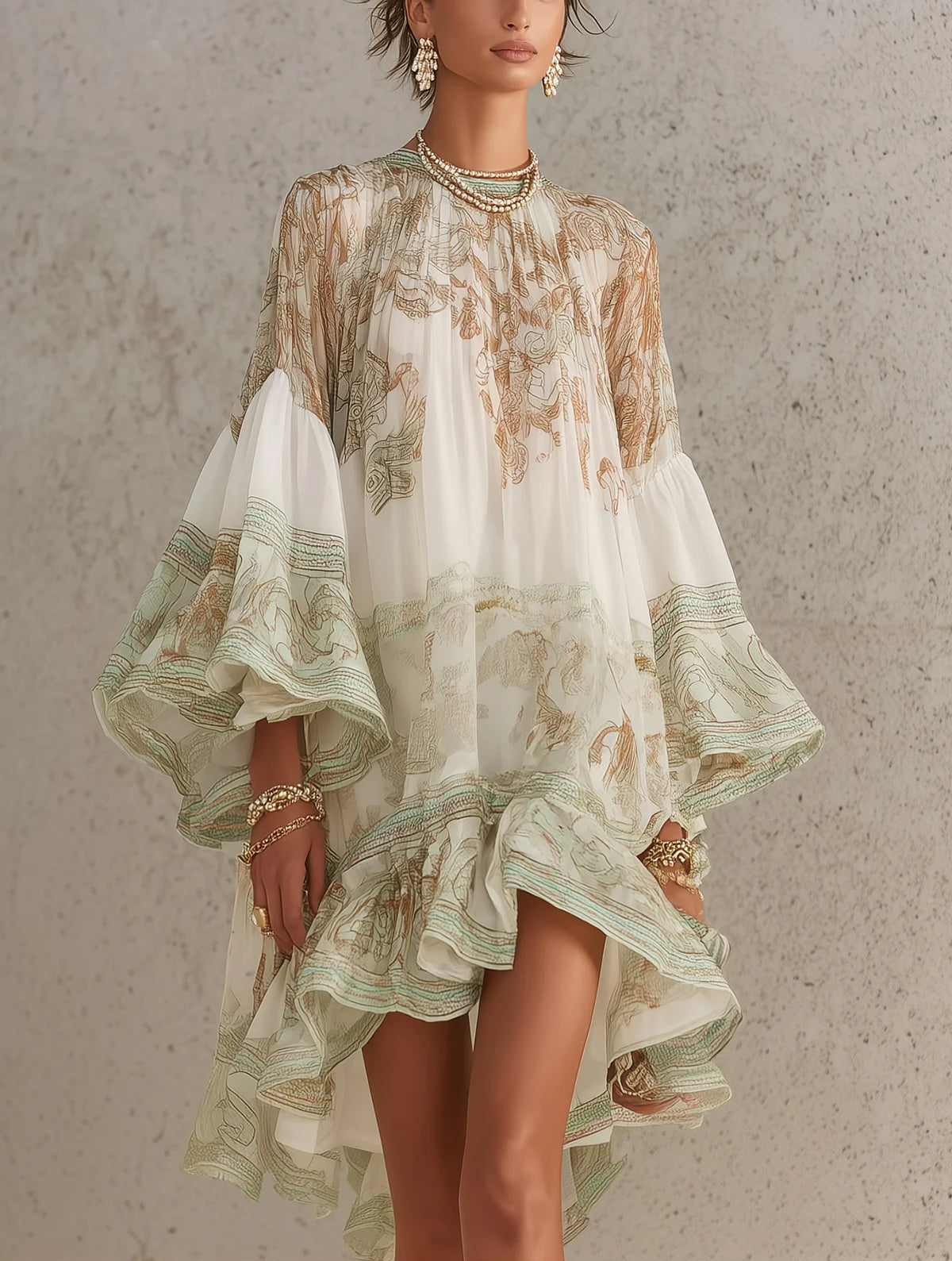 Ivory Chiffon Mini Dress with Sage Baroque Print and Ruffle Sleeves