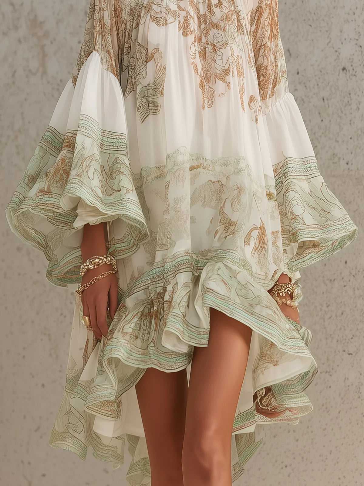 Ivory Chiffon Mini Dress with Sage Baroque Print and Ruffle Sleeves