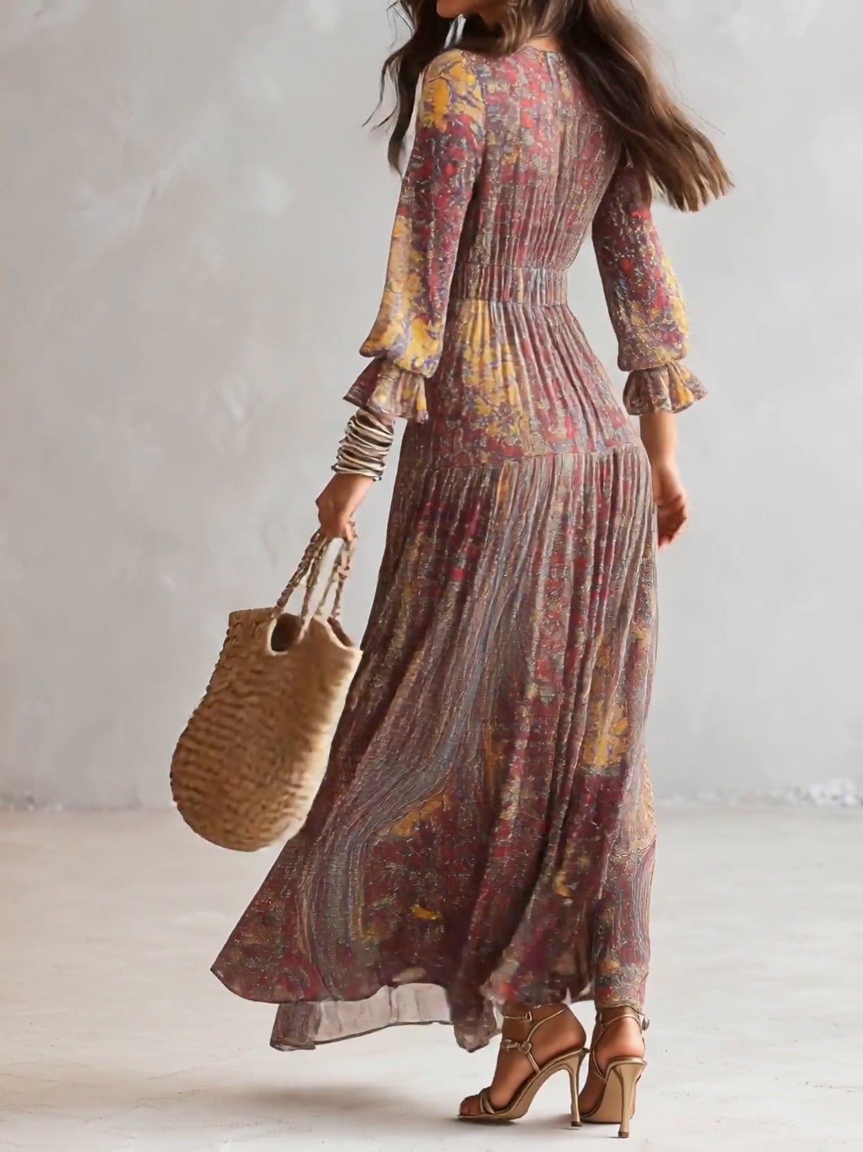 Paisley Print Chiffon Maxi Dress with V-Neck