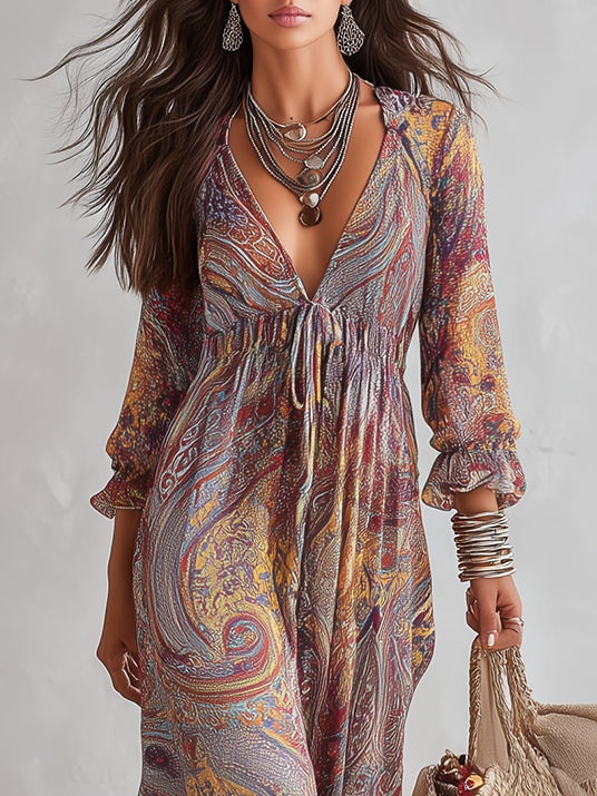 Paisley Print Chiffon Maxi Dress with V-Neck