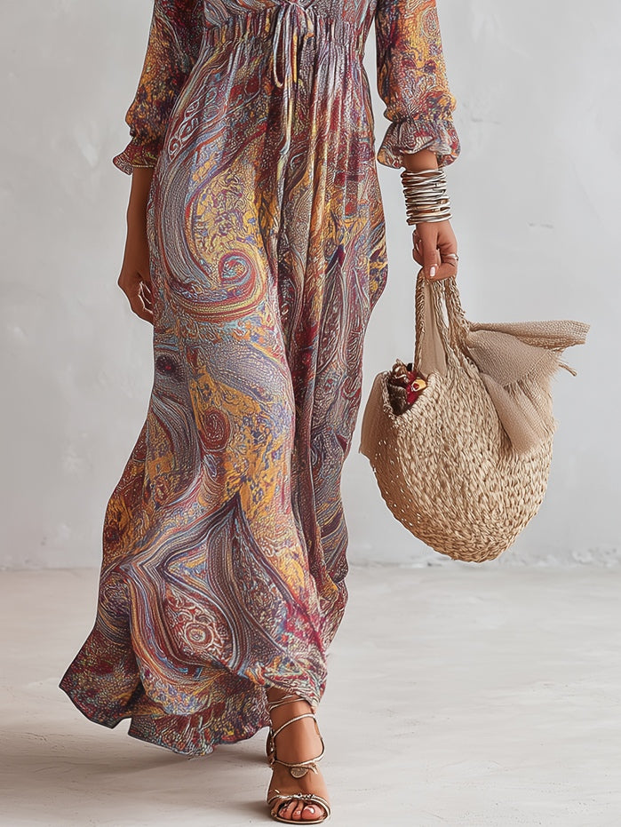 Paisley Print Chiffon Maxi Dress with V-Neck