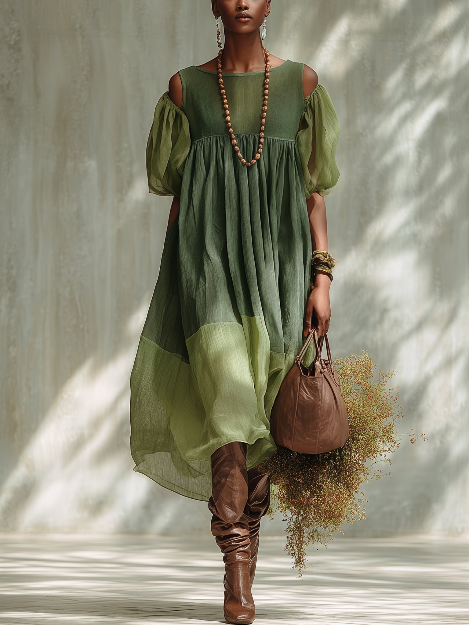 Green Chiffon Midi Dress with Off-Shoulder Neckline