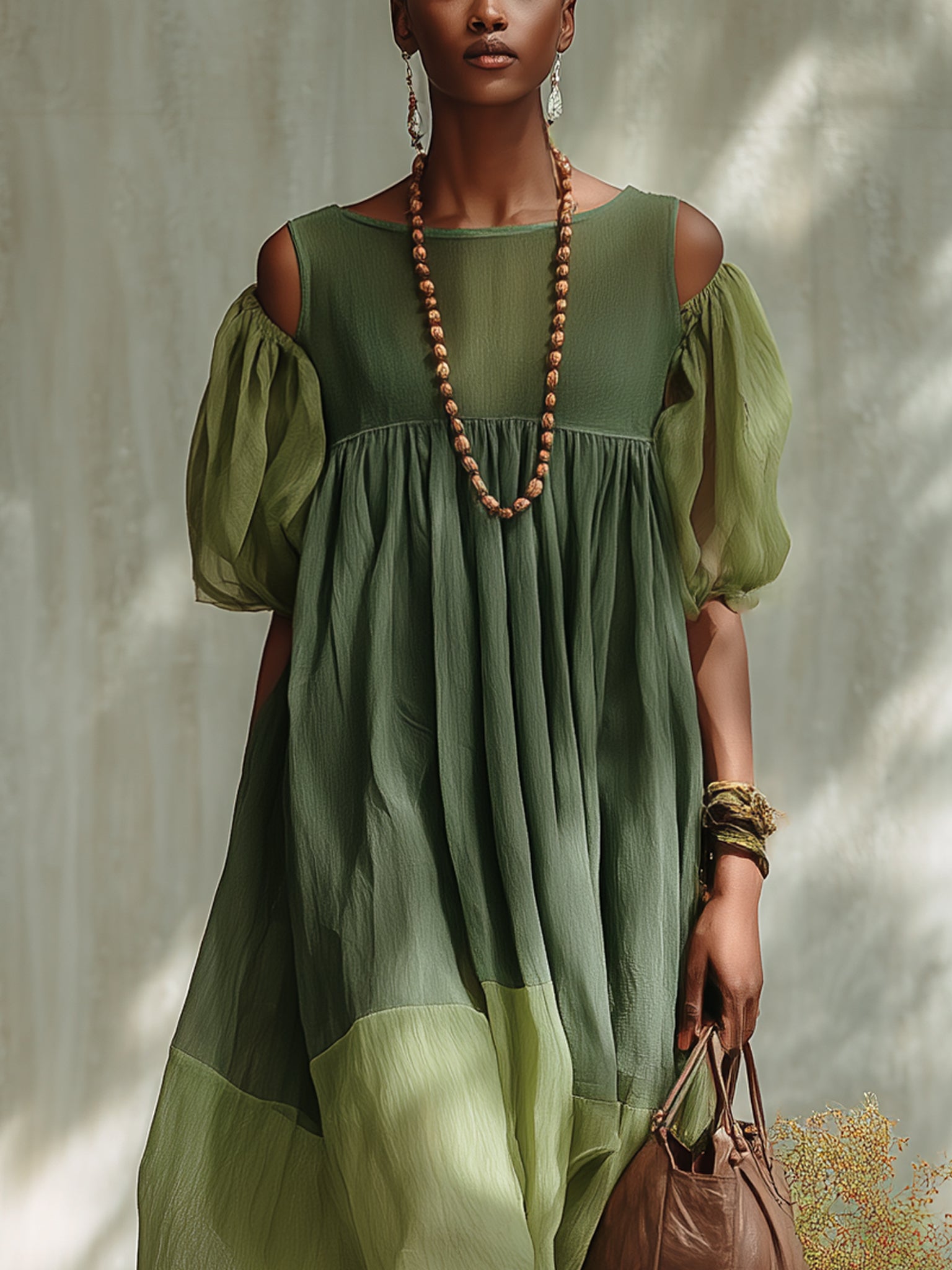 Green Chiffon Midi Dress with Off-Shoulder Neckline