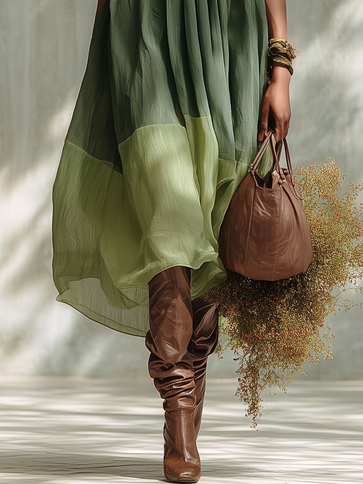 Green Chiffon Midi Dress with Off-Shoulder Neckline