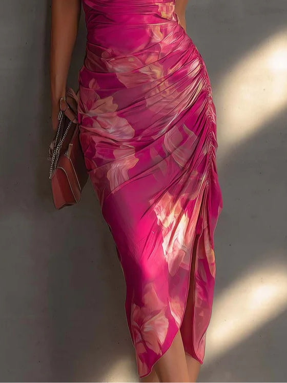 Fuchsia Floral Print Sleeveless Bodycon Dress
