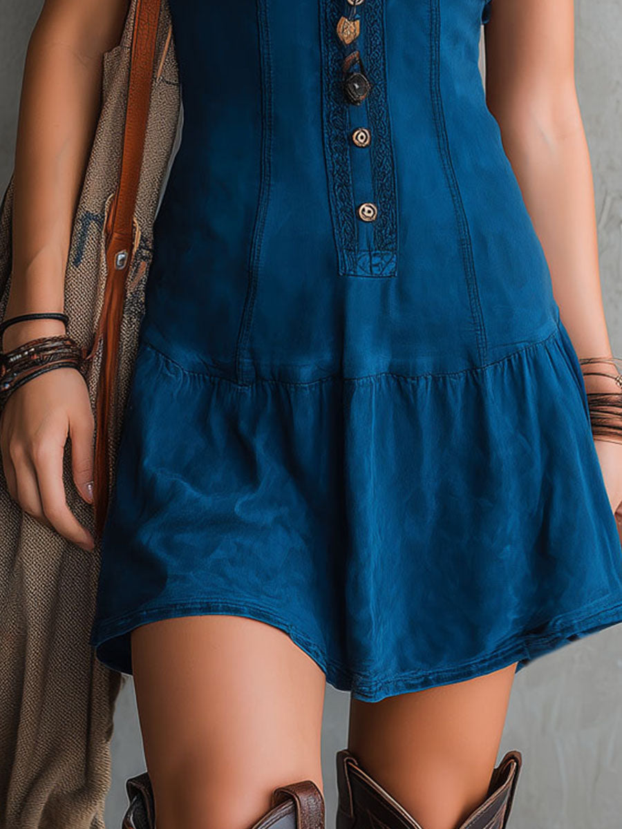 Indigo Sleeveless Mini Dress with V-Neck and Button Placket
