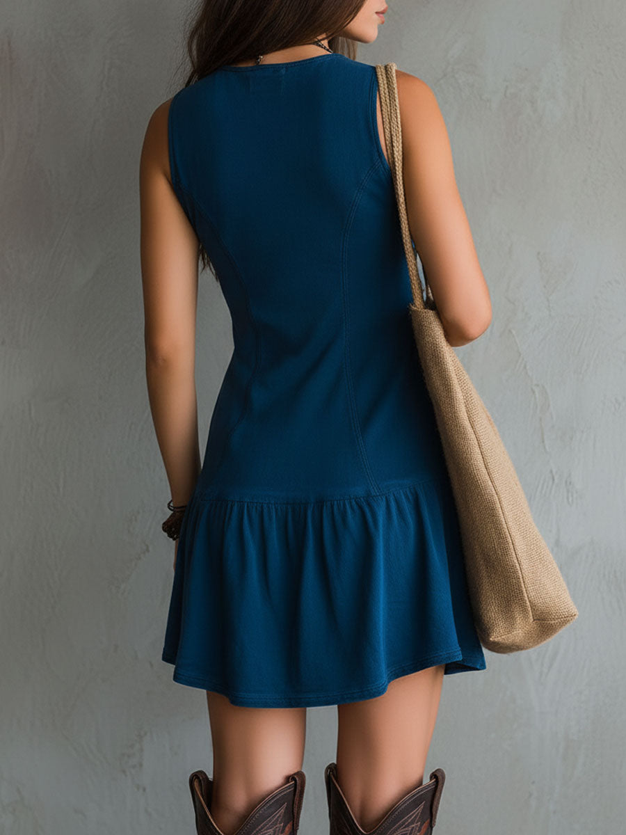 Indigo Sleeveless Mini Dress with V-Neck and Button Placket