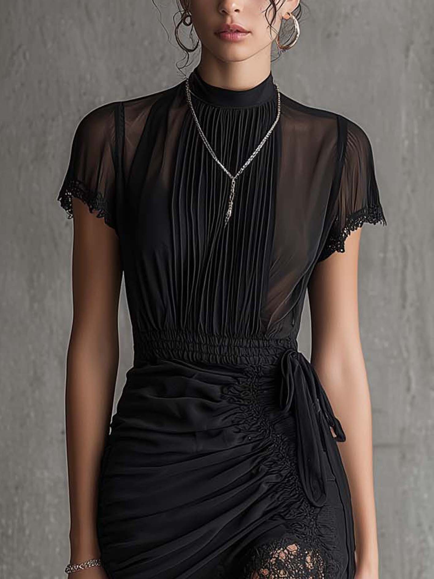 Black Chiffon Mini Dress with Pleated Bodice and Lace Hem