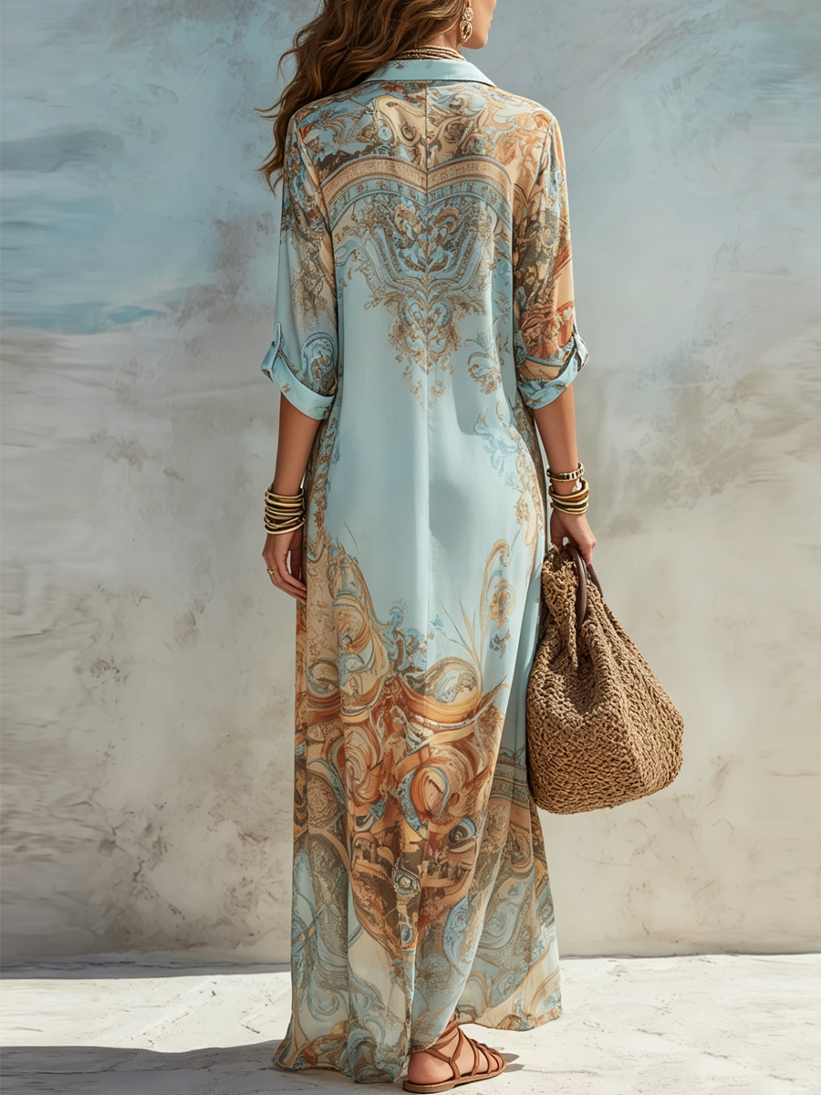 Blue Floral Baroque Print Button-Front Maxi Shirt Dress