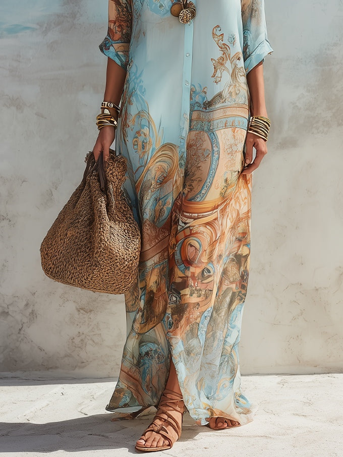 Blue Floral Baroque Print Button-Front Maxi Shirt Dress