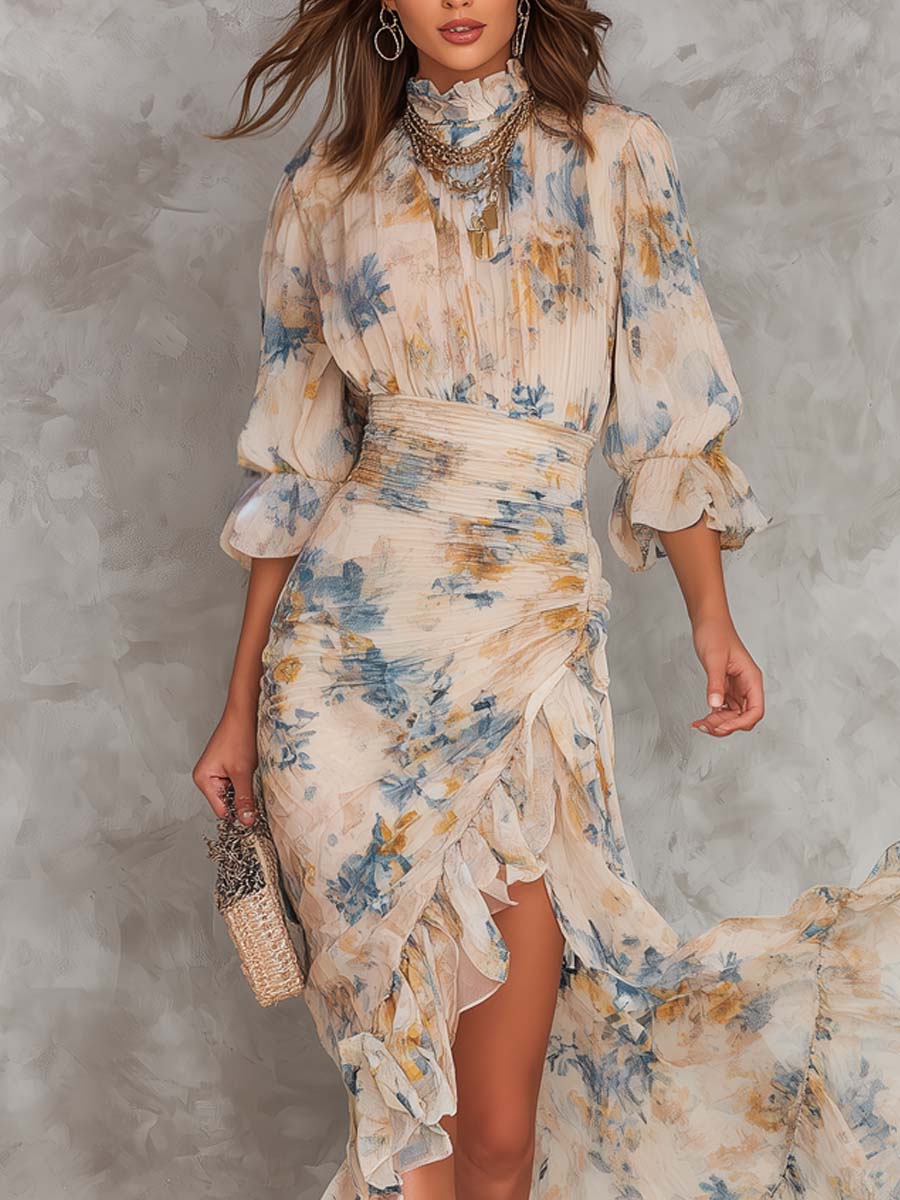 Floral Print Chiffon Maxi Dress with Ruffle Hem