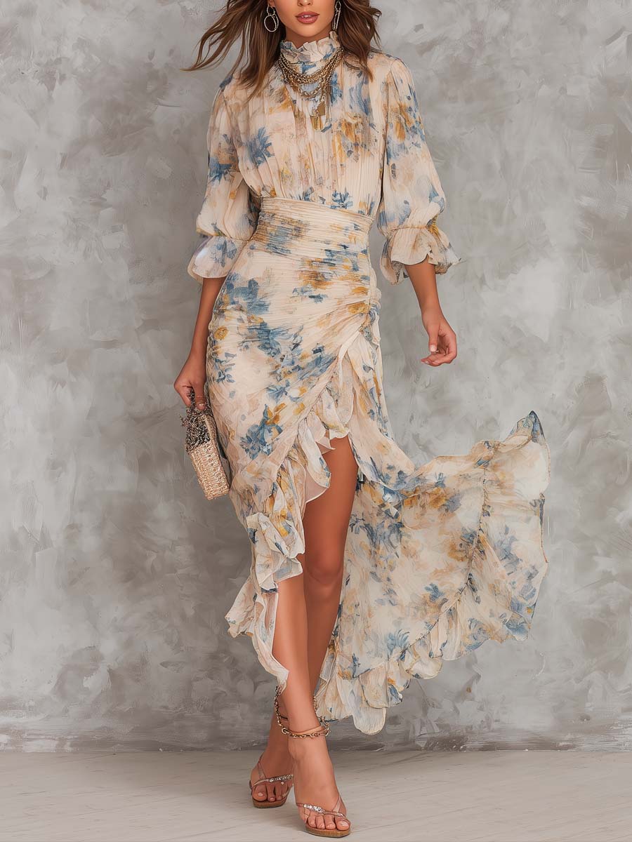 Floral Print Chiffon Maxi Dress with Ruffle Hem