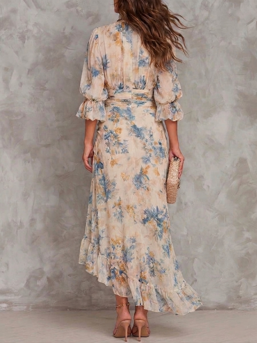 Floral Print Chiffon Maxi Dress with Ruffle Hem