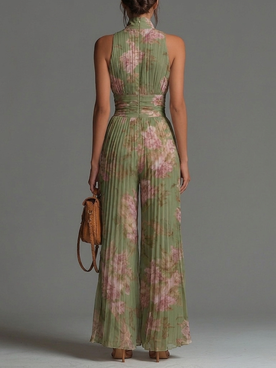 Pink and Sage Floral Chiffon Jumpsuit with Zip Front, Sleeveless